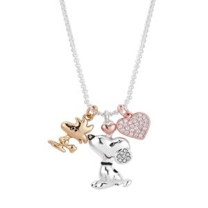 🆕 Peanuts Snoopy and Woodstock Crystal Heart Necklace Tri-Color